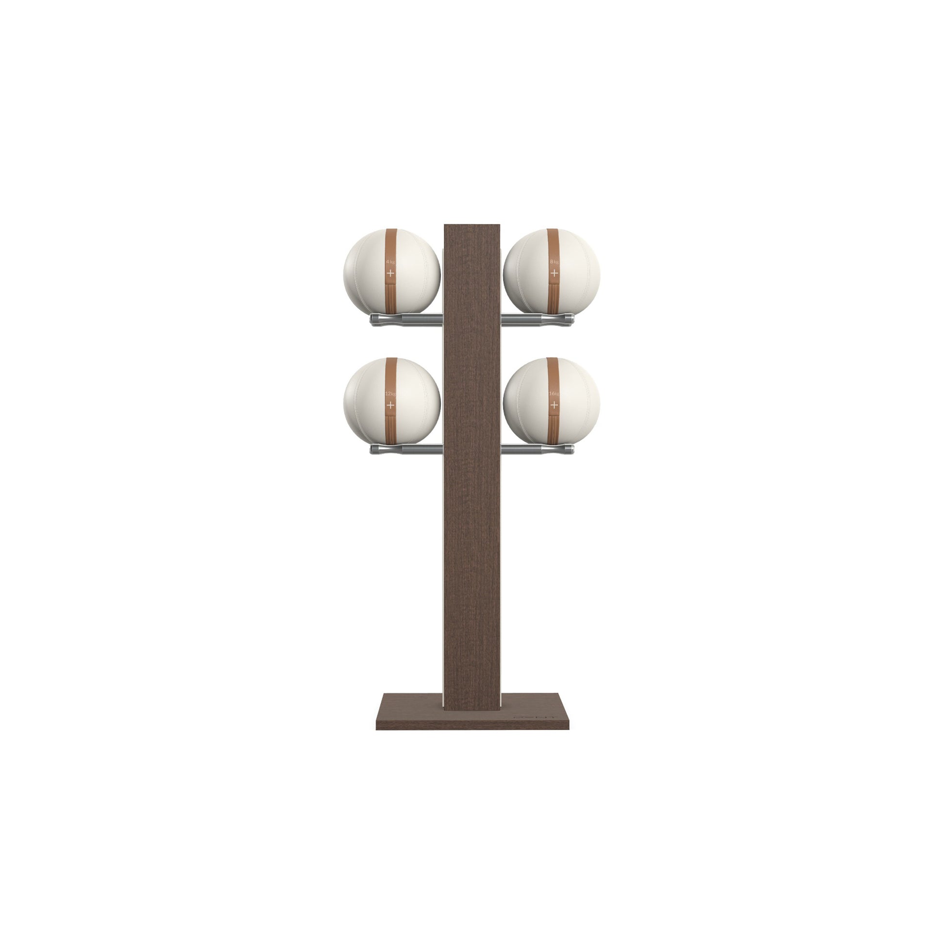 Luxury fitness equipment,  4 leather medicine ball on vertical wooden stand, handcrafted with premium Italian white leather and dark walnut wood. PENT. MOXA Set
