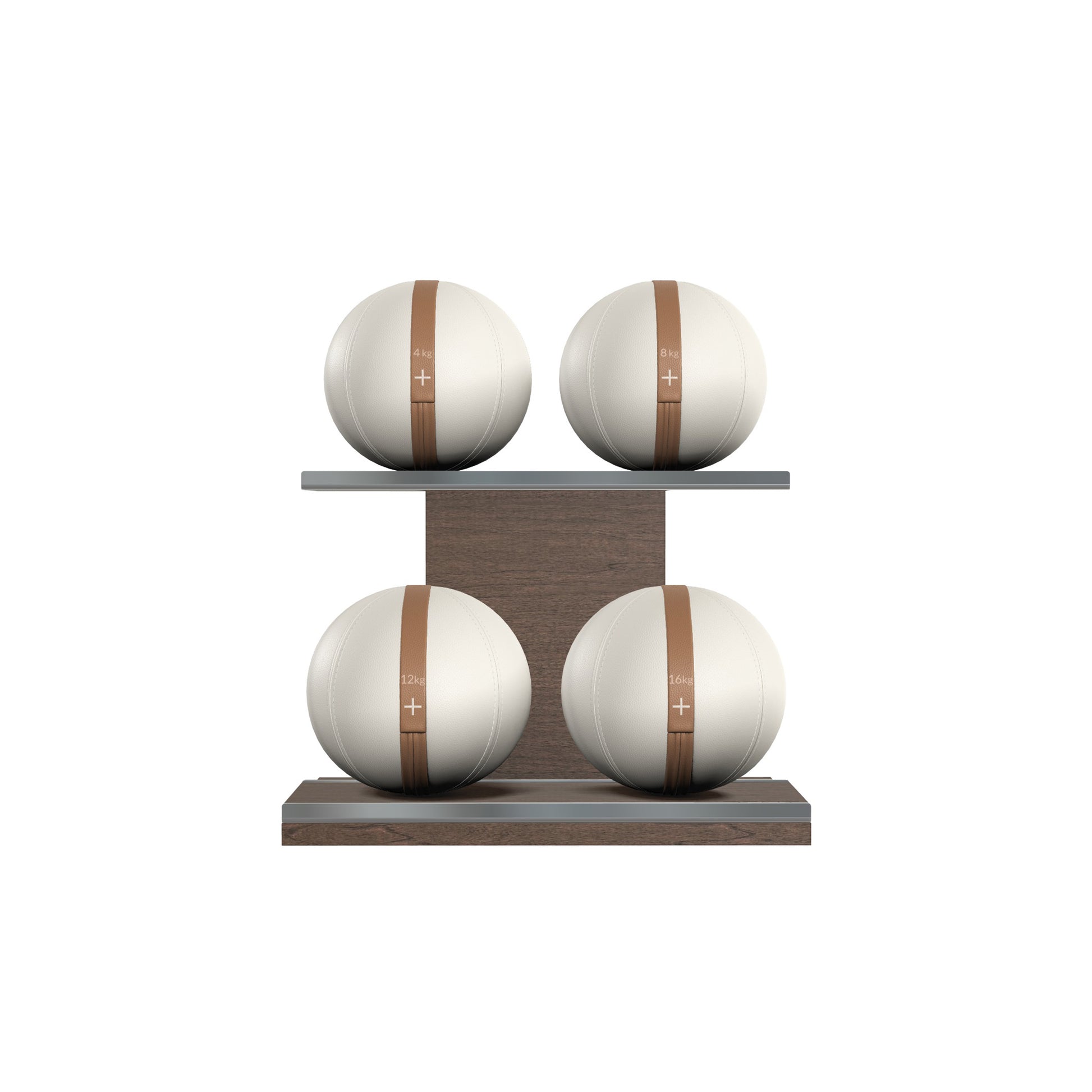 Four white leather medicine balls with brown accent leather, arranged on two shelves made of natural walnut wood. PENT. MOXA Power - Set of 4 Medicine Balls on Horizontal Wooden Stand