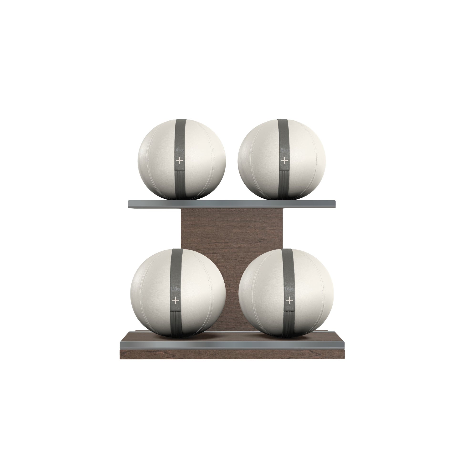 Four white leather medicine balls with grey accent leather, arranged on two shelves made of natural walnut wood. PENT. MOXA Power - Set of 4 Medicine Balls on Horizontal Wooden Stand