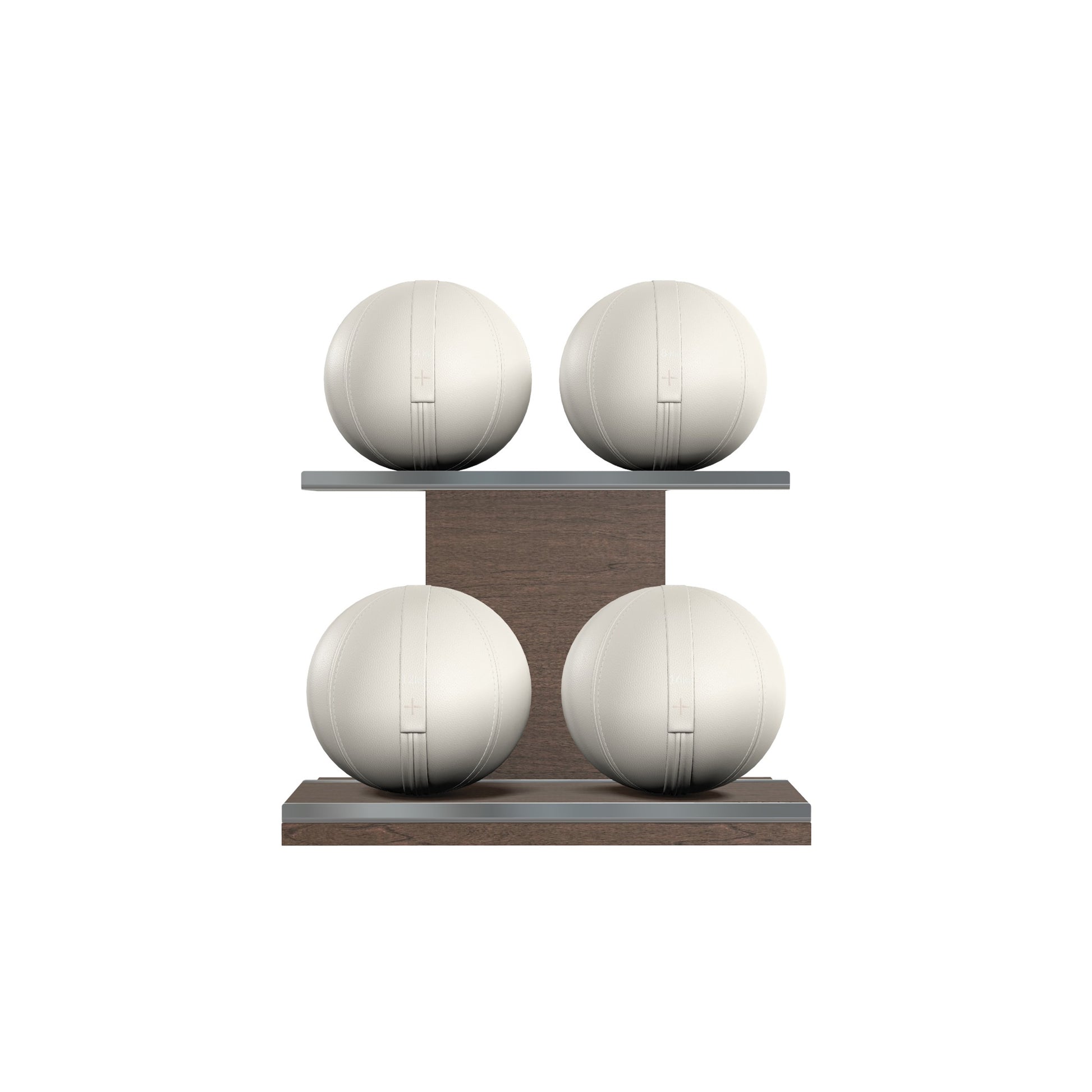 Four white leather medicine balls with white accent leather, arranged on two shelves made of natural walnut wood. PENT. MOXA Power - Set of 4 Medicine Balls on Horizontal Wooden Stand