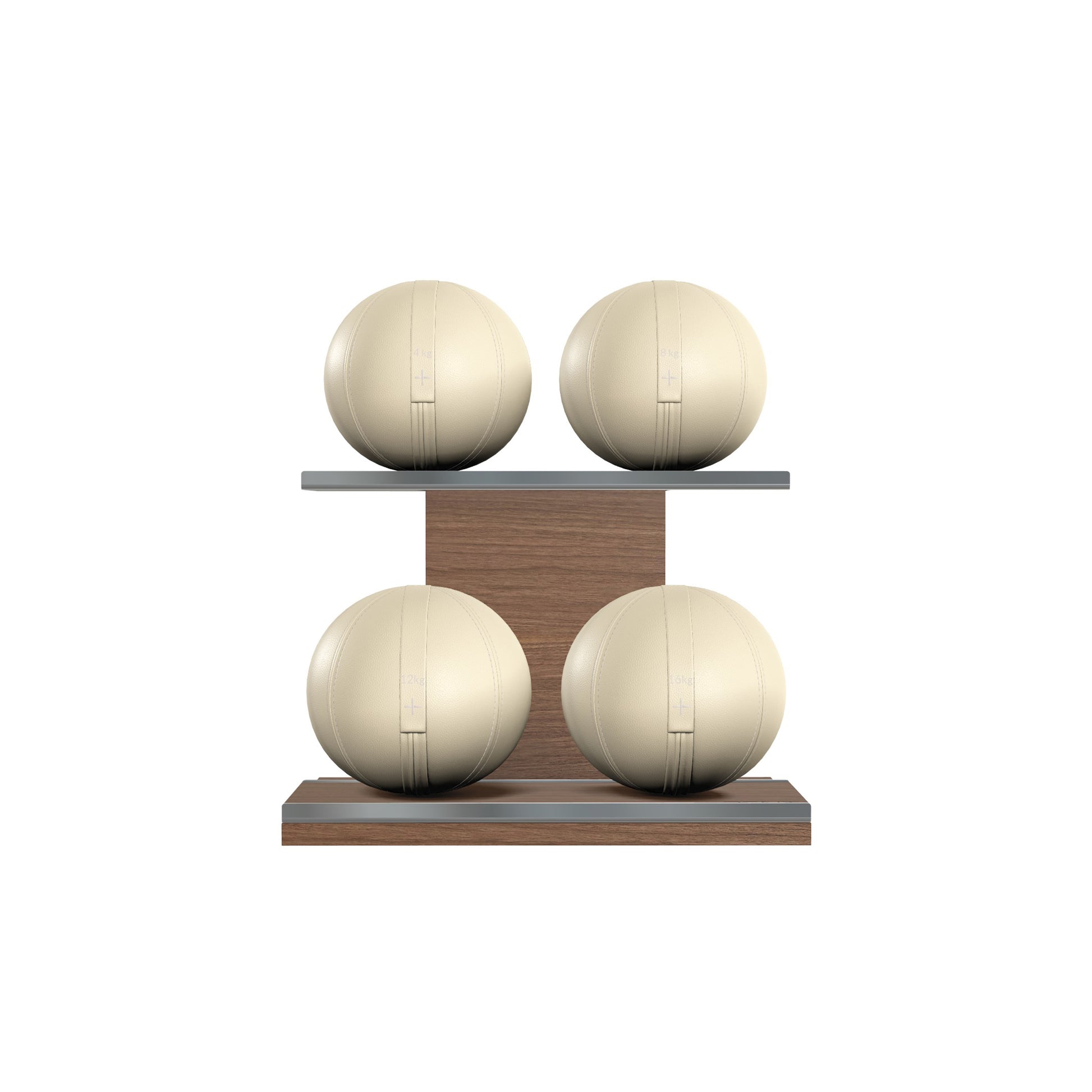 Four beige leather medicine balls with beige accent leather, arranged on two shelves made of natural walnut wood. PENT. MOXA Power - Set of 4 Medicine Balls on Horizontal Wooden Stand