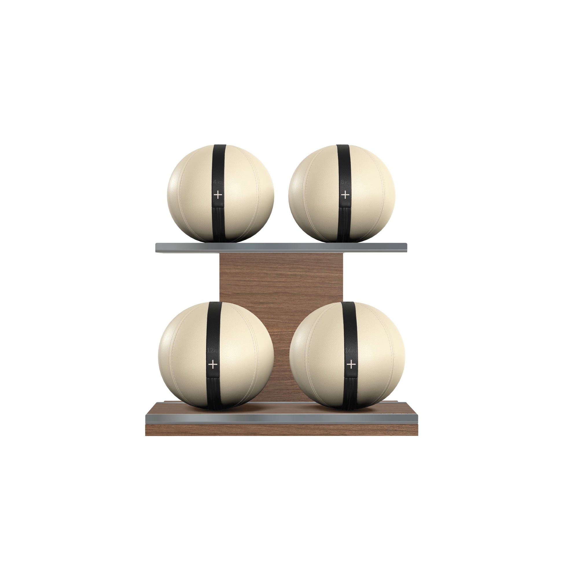 Four beige leather medicine balls with black accent leather, arranged on two shelves made of natural walnut wood. PENT. MOXA Power - Set of 4 Medicine Balls on Horizontal Wooden Stand