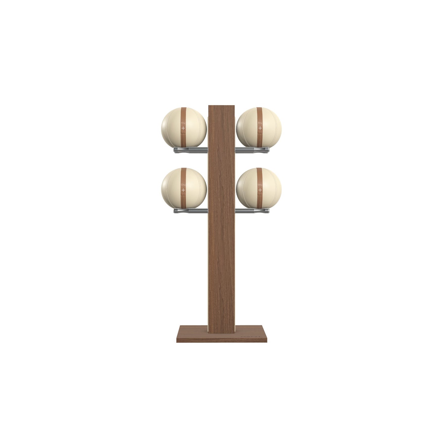 Luxury fitness equipment,  4 leather medicine ball on vertical wooden stand, handcrafted with premium Italian beige leather and natural walnut wood. PENT. MOXA Set