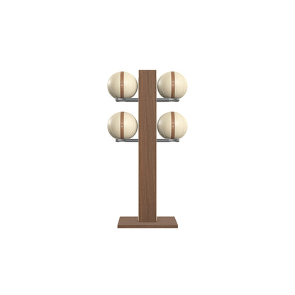 Luxury fitness equipment,  4 leather medicine ball on vertical wooden stand, handcrafted with premium Italian beige leather and natural walnut wood. PENT. MOXA Set