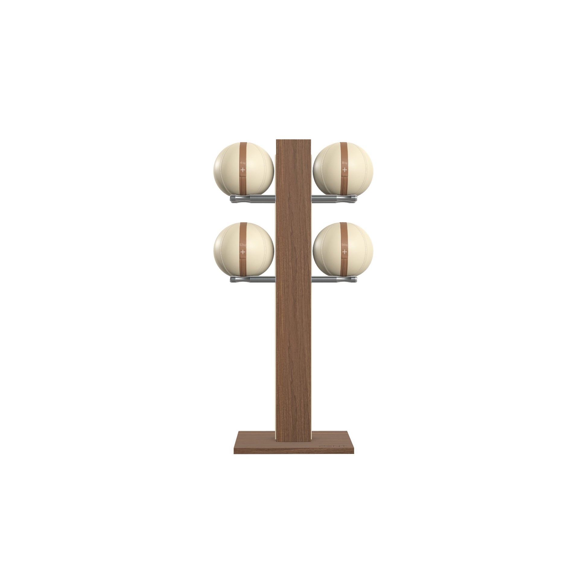 Luxury fitness equipment,  4 leather medicine ball on vertical wooden stand, handcrafted with premium Italian beige leather and natural walnut wood. PENT. MOXA Set