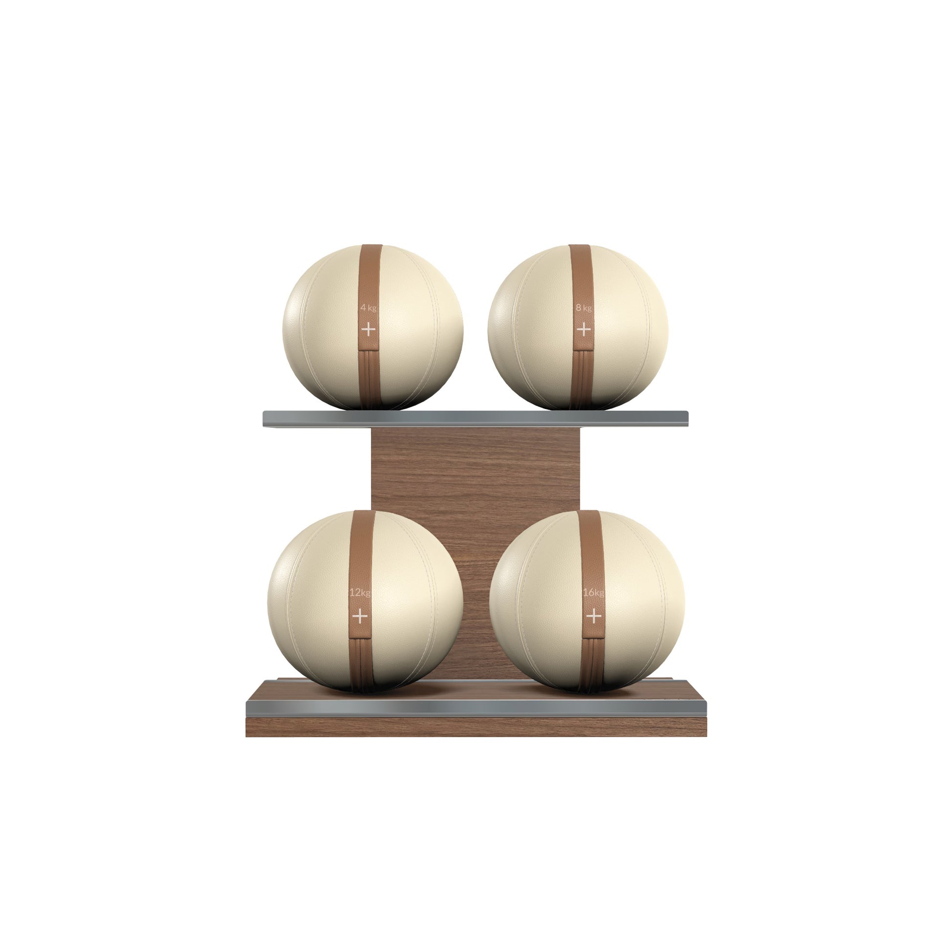 Four beige leather medicine balls with brown accent leather, arranged on two shelves made of natural walnut wood. PENT. MOXA Power - Set of 4 Medicine Balls on Horizontal Wooden Stand