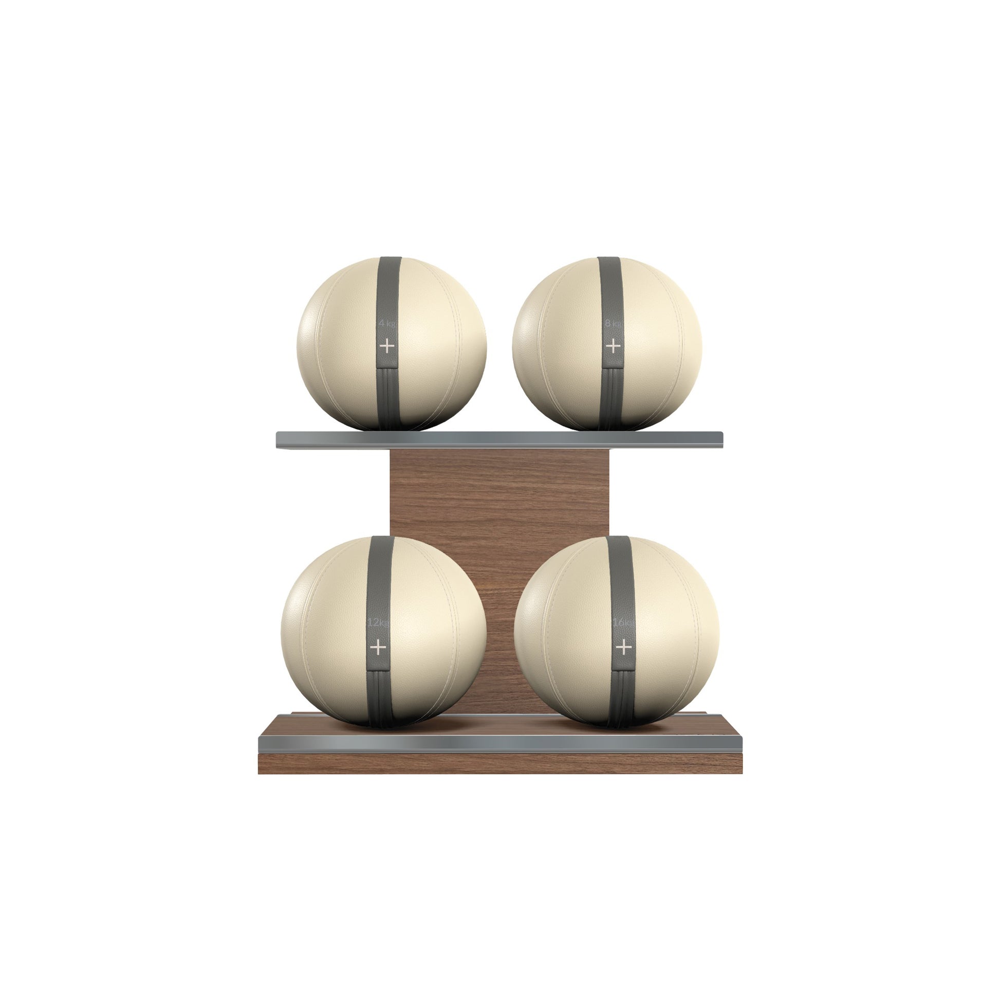 Four beige leather medicine balls with grey accent leather, arranged on two shelves made of natural walnut wood. PENT. MOXA Power - Set of 4 Medicine Balls on Horizontal Wooden Stand