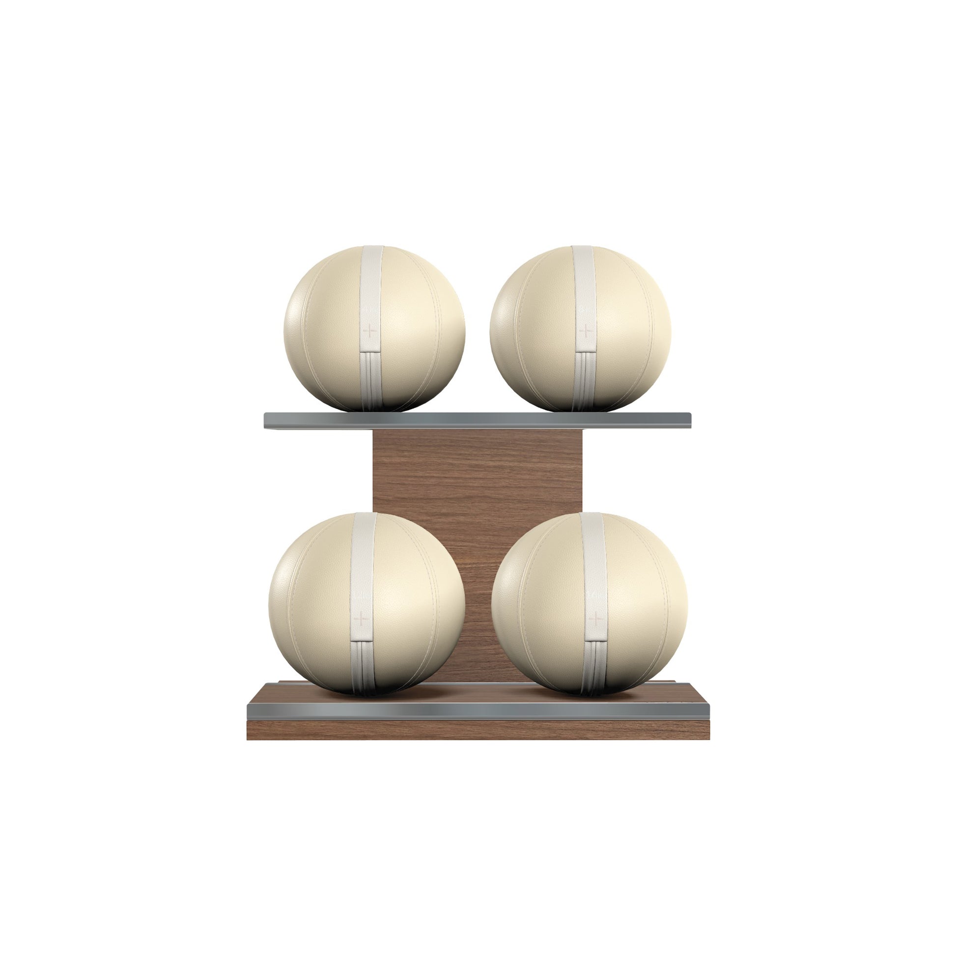 Four beige leather medicine balls with white accent leather, arranged on two shelves made of natural walnut wood. PENT. MOXA Power - Set of 4 Medicine Balls on Horizontal Wooden Stand