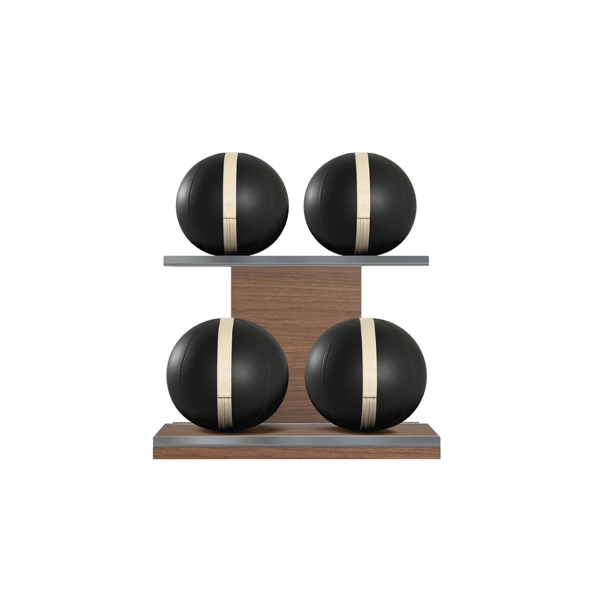 Four black leather medicine balls with beige accent leather, arranged on two shelves made of natural walnut wood. PENT. MOXA Power - Set of 4 Medicine Balls on Horizontal Wooden Stand