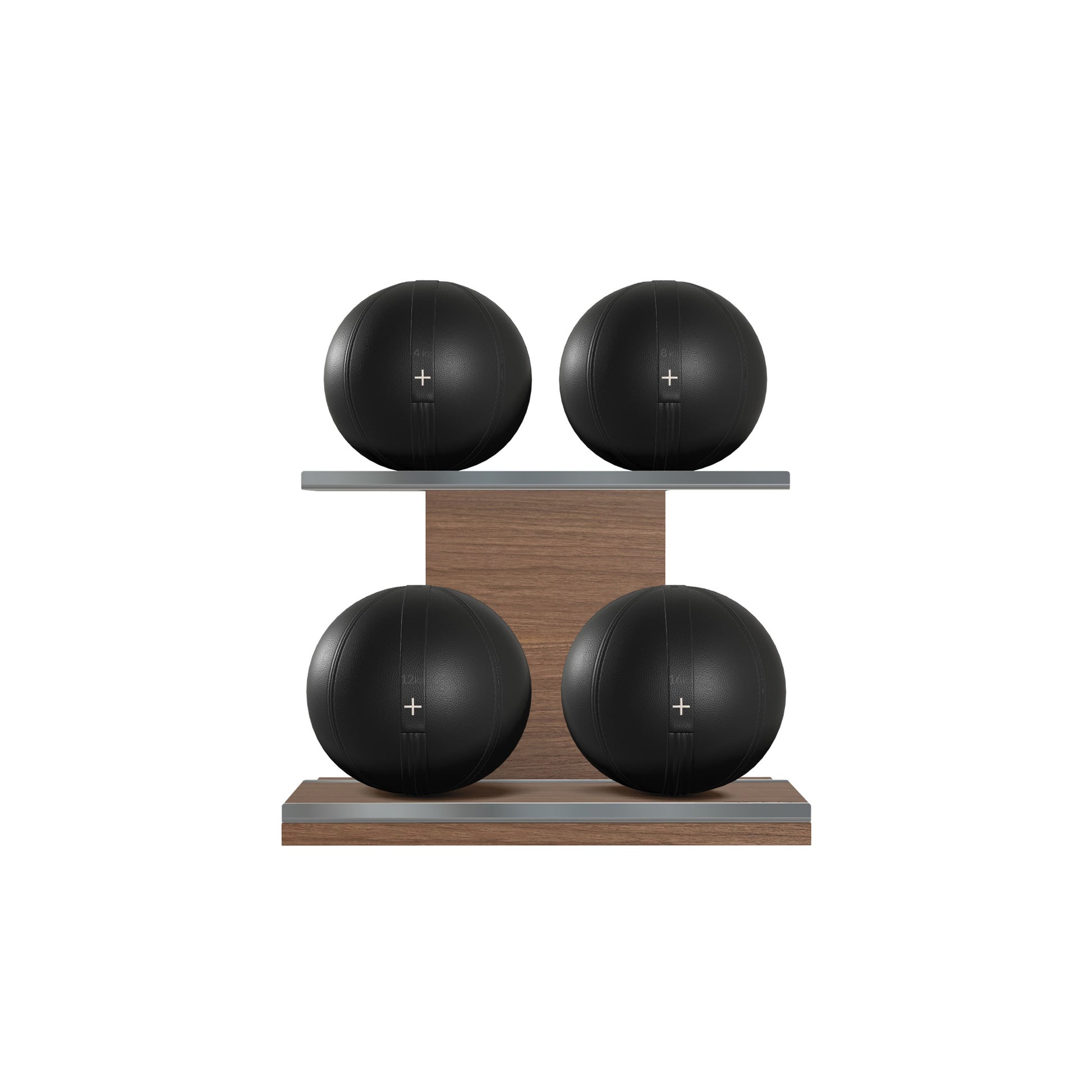 Four black leather medicine balls with black accent leather, arranged on two shelves made of natural walnut wood. PENT. MOXA Power - Set of 4 Medicine Balls on Horizontal Wooden Stand