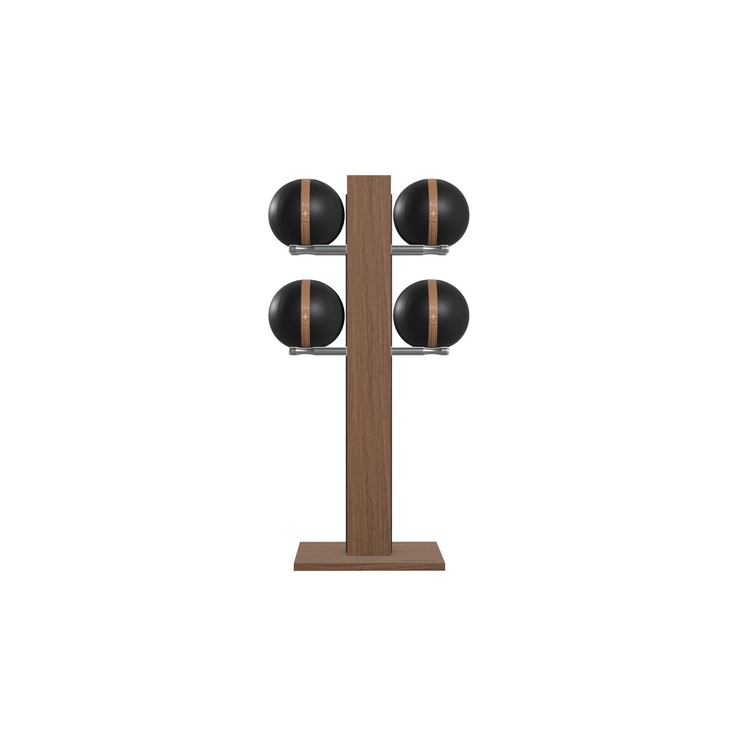 Luxury fitness equipment,  4 leather medicine ball on vertical wooden stand, handcrafted with premium Italian black leather and natural walnut wood. PENT. MOXA Set