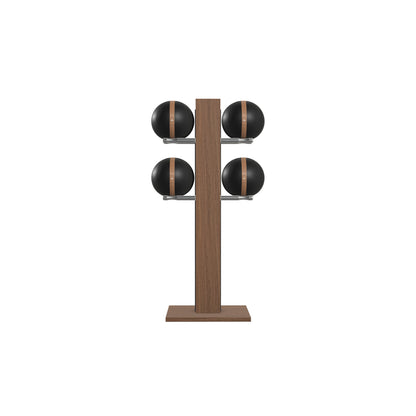 Luxury fitness equipment,  4 leather medicine ball on vertical wooden stand, handcrafted with premium Italian black leather and natural walnut wood. PENT. MOXA Set