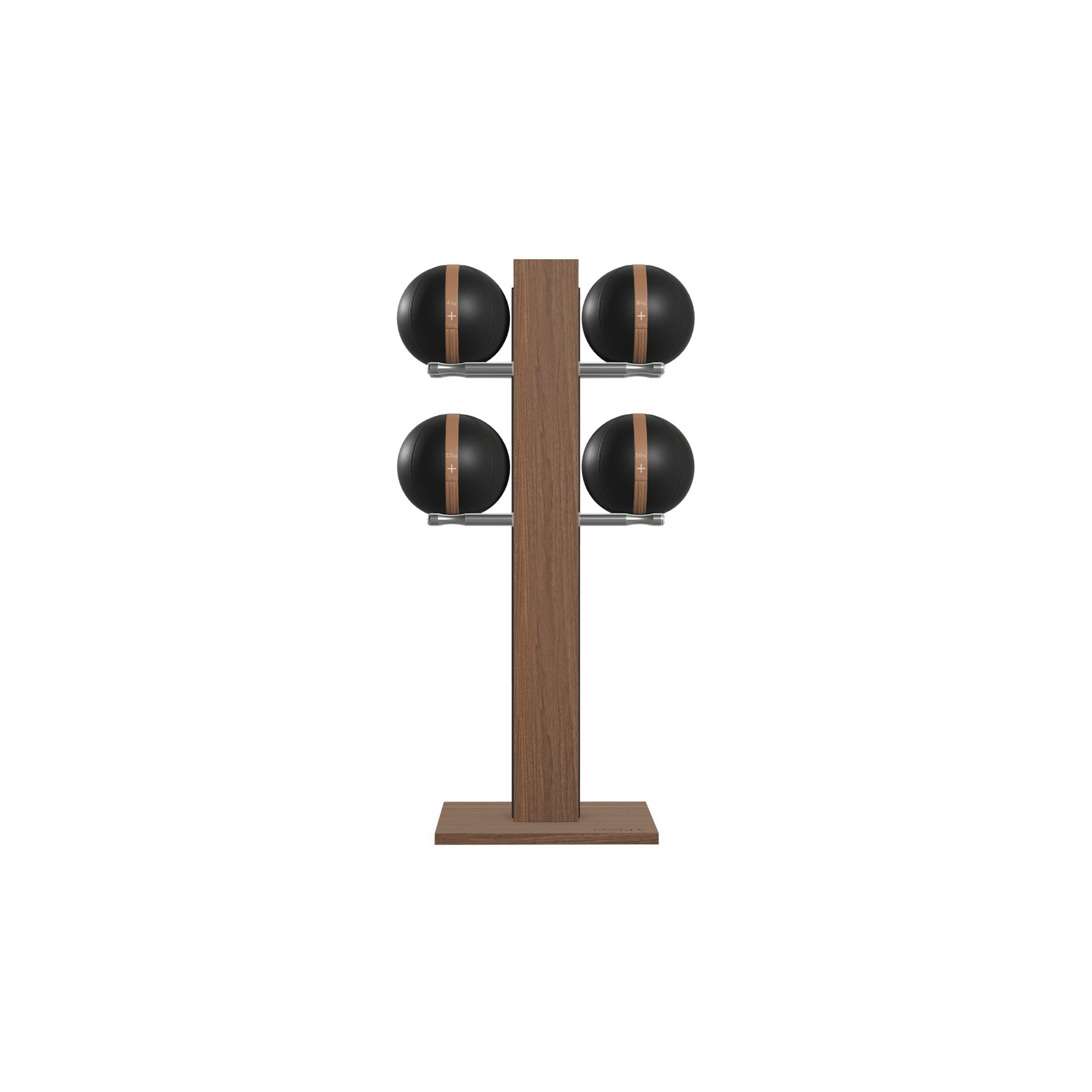 Luxury fitness equipment,  4 leather medicine ball on vertical wooden stand, handcrafted with premium Italian black leather and natural walnut wood. PENT. MOXA Set