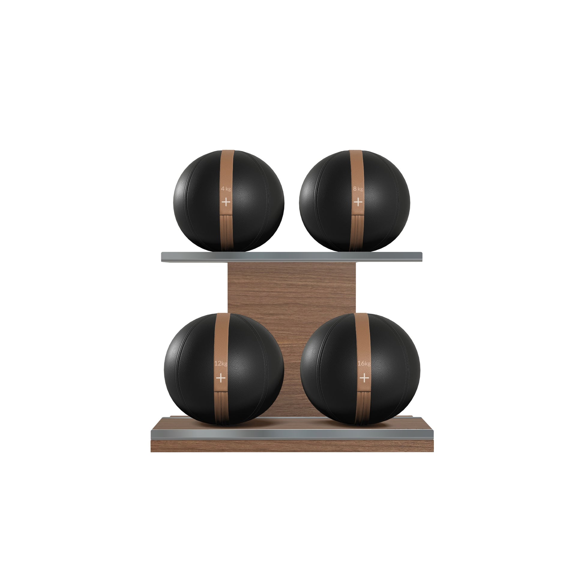 Four black leather medicine balls with brown accent leather, arranged on two shelves made of natural walnut wood. PENT. MOXA Power - Set of 4 Medicine Balls on Horizontal Wooden Stand