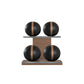 Four black leather medicine balls with brown accent leather, arranged on two shelves made of natural walnut wood. PENT. MOXA Power - Set of 4 Medicine Balls on Horizontal Wooden Stand