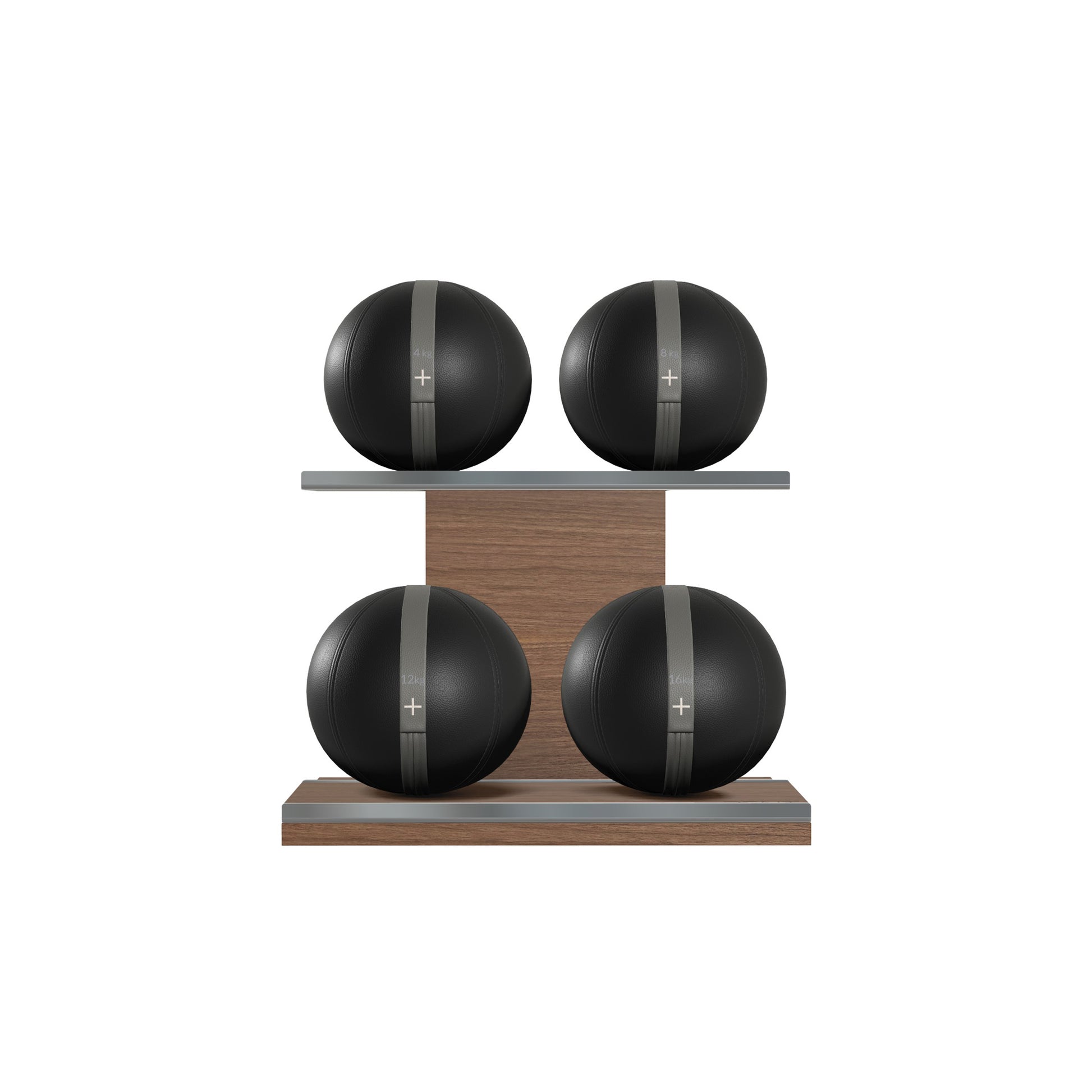 Four black leather medicine balls with grey accent leather, arranged on two shelves made of natural walnut wood. PENT. MOXA Power - Set of 4 Medicine Balls on Horizontal Wooden Stand
