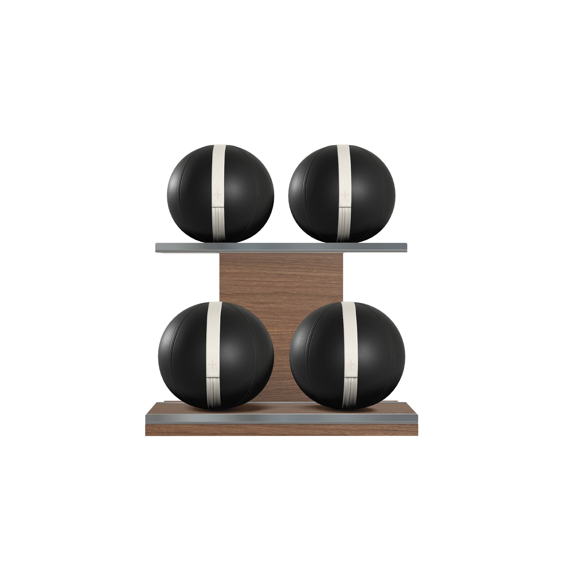 Four black leather medicine balls with white accent leather, arranged on two shelves made of natural walnut wood. PENT. MOXA Power - Set of 4 Medicine Balls on Horizontal Wooden Stand