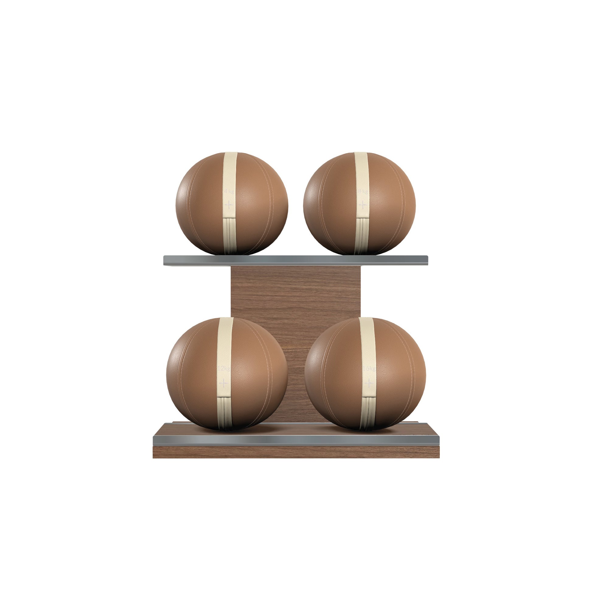 Four brown leather medicine balls with beige accent leather, arranged on two shelves made of natural walnut wood. PENT. MOXA Power - Set of 4 Medicine Balls on Horizontal Wooden Stand
