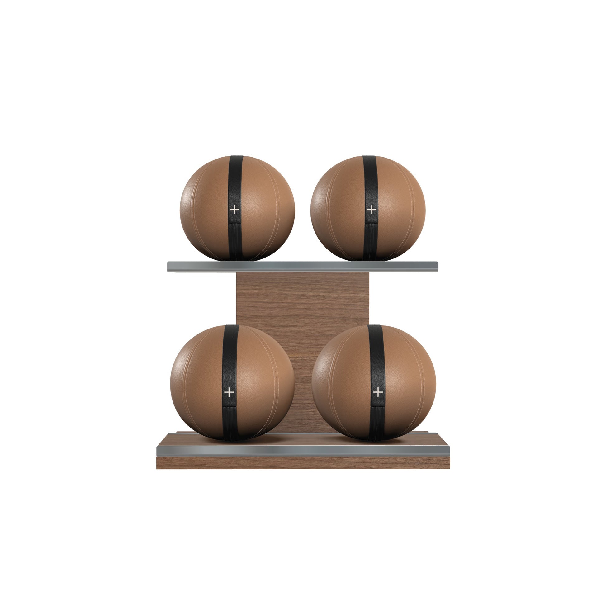 Four brown leather medicine balls with black accent leather, arranged on two shelves made of natural walnut wood. PENT. MOXA Power - Set of 4 Medicine Balls on Horizontal Wooden Stand