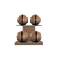 Four brown leather medicine balls with black accent leather, arranged on two shelves made of natural walnut wood. PENT. MOXA Power - Set of 4 Medicine Balls on Horizontal Wooden Stand