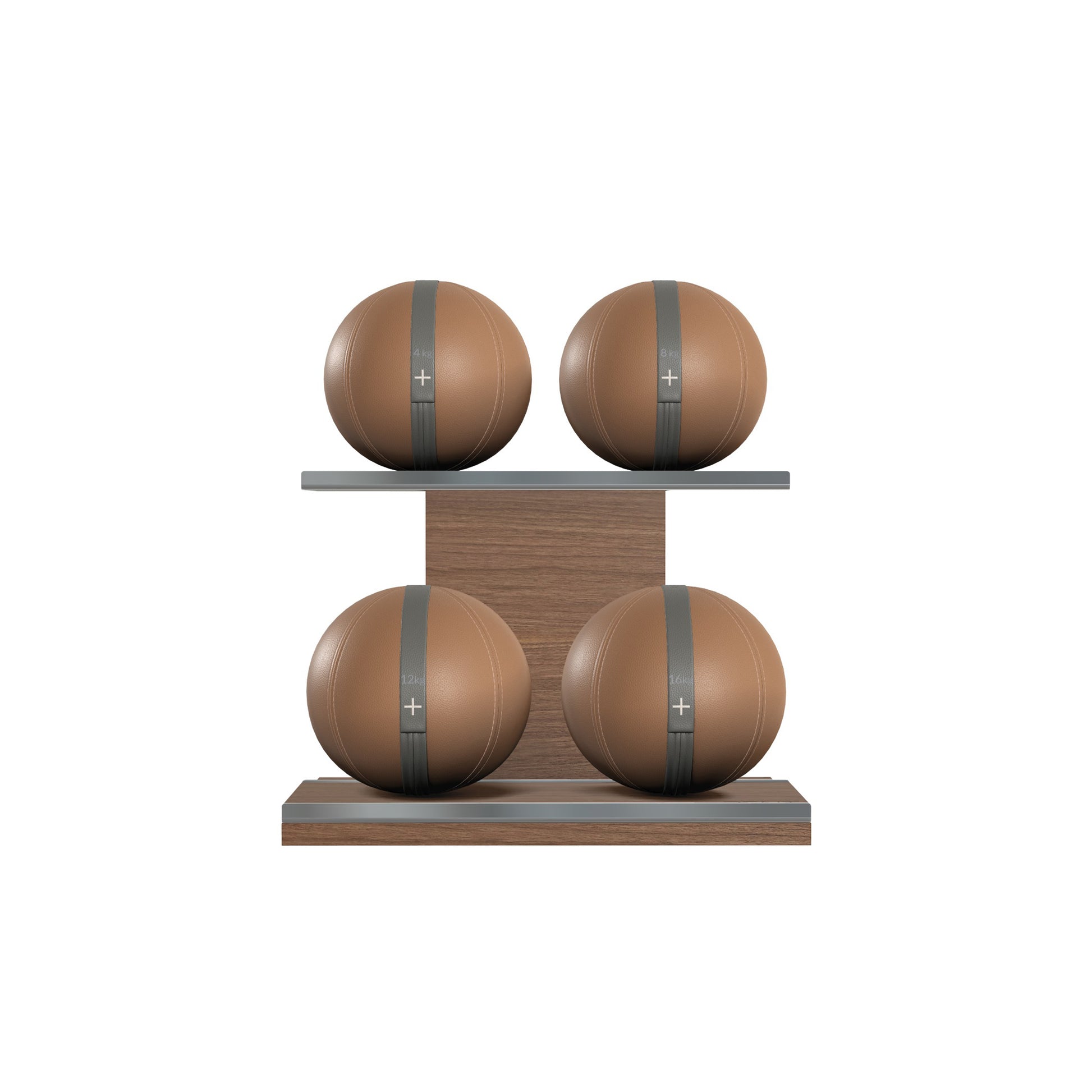Four brown leather medicine balls with grey accent leather, arranged on two shelves made of natural walnut wood. PENT. MOXA Power - Set of 4 Medicine Balls on Horizontal Wooden Stand