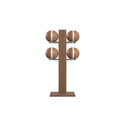 Luxury fitness equipment,  4 leather medicine ball on vertical wooden stand, handcrafted with premium Italian brown leather and natural walnut wood. PENT. MOXA Set
