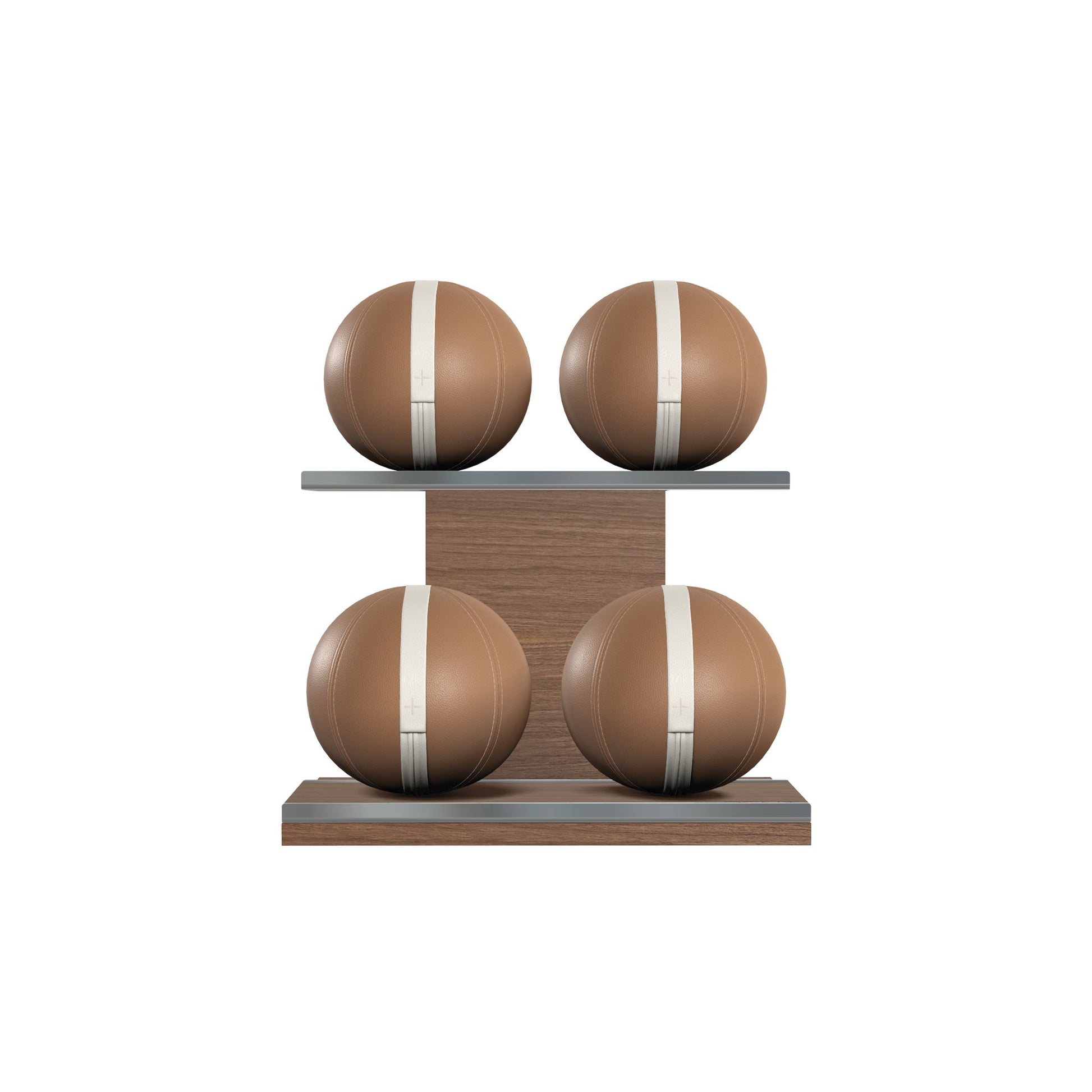 Four brown leather medicine balls with white accent leather, arranged on two shelves made of natural walnut wood. PENT. MOXA Power - Set of 4 Medicine Balls on Horizontal Wooden Stand