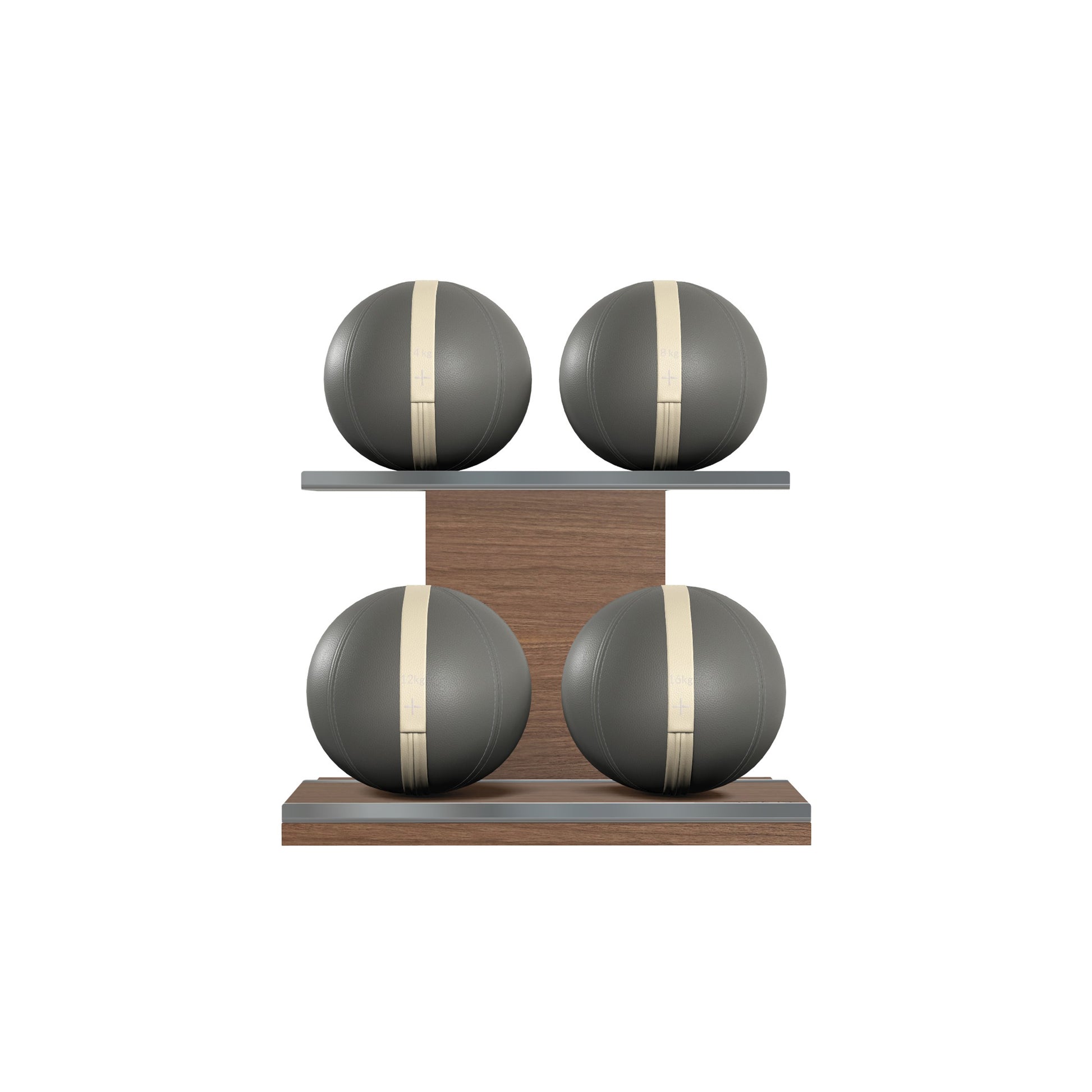 Four grey leather medicine balls with beige accent leather, arranged on two shelves made of natural walnut wood. PENT. MOXA Power - Set of 4 Medicine Balls on Horizontal Wooden Stand