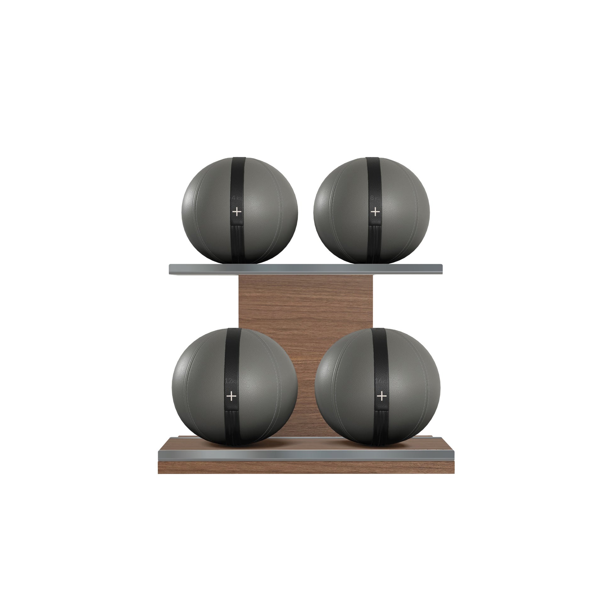 Four grey leather medicine balls with black accent leather, arranged on two shelves made of natural walnut wood. PENT. MOXA Power - Set of 4 Medicine Balls on Horizontal Wooden Stand