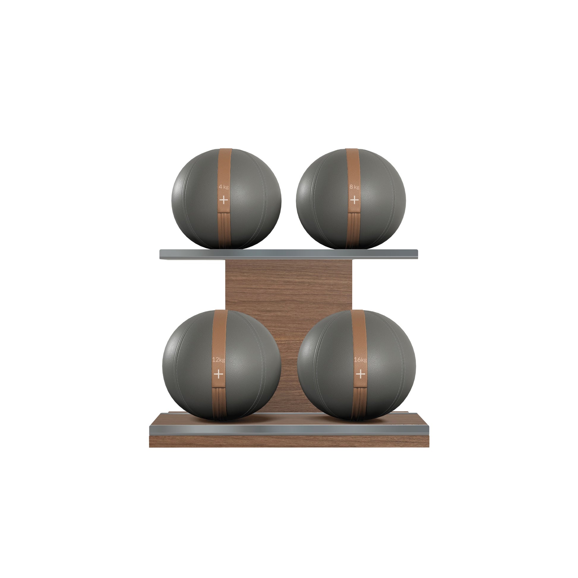 Four grey leather medicine balls with brown accent leather, arranged on two shelves made of natural walnut wood. PENT. MOXA Power - Set of 4 Medicine Balls on Horizontal Wooden Stand