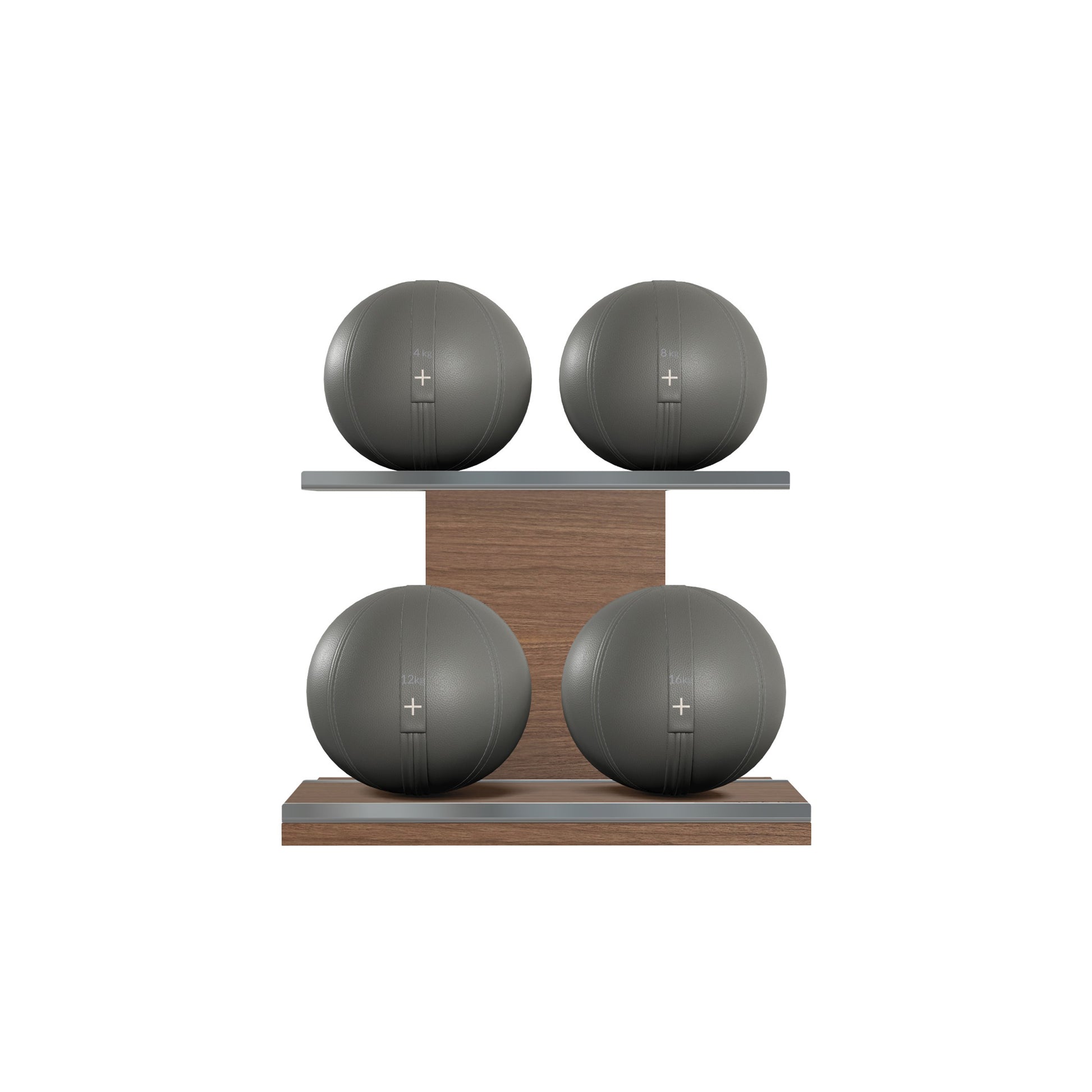 Four grey leather medicine balls with grey accent leather, arranged on two shelves made of natural walnut wood. PENT. MOXA Power - Set of 4 Medicine Balls on Horizontal Wooden Stand