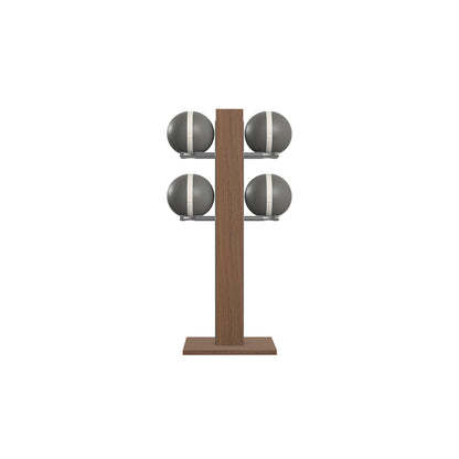Luxury fitness equipment,  4 leather medicine ball on vertical wooden stand, handcrafted with premium Italian grey leather and natural walnut wood. PENT. MOXA Set