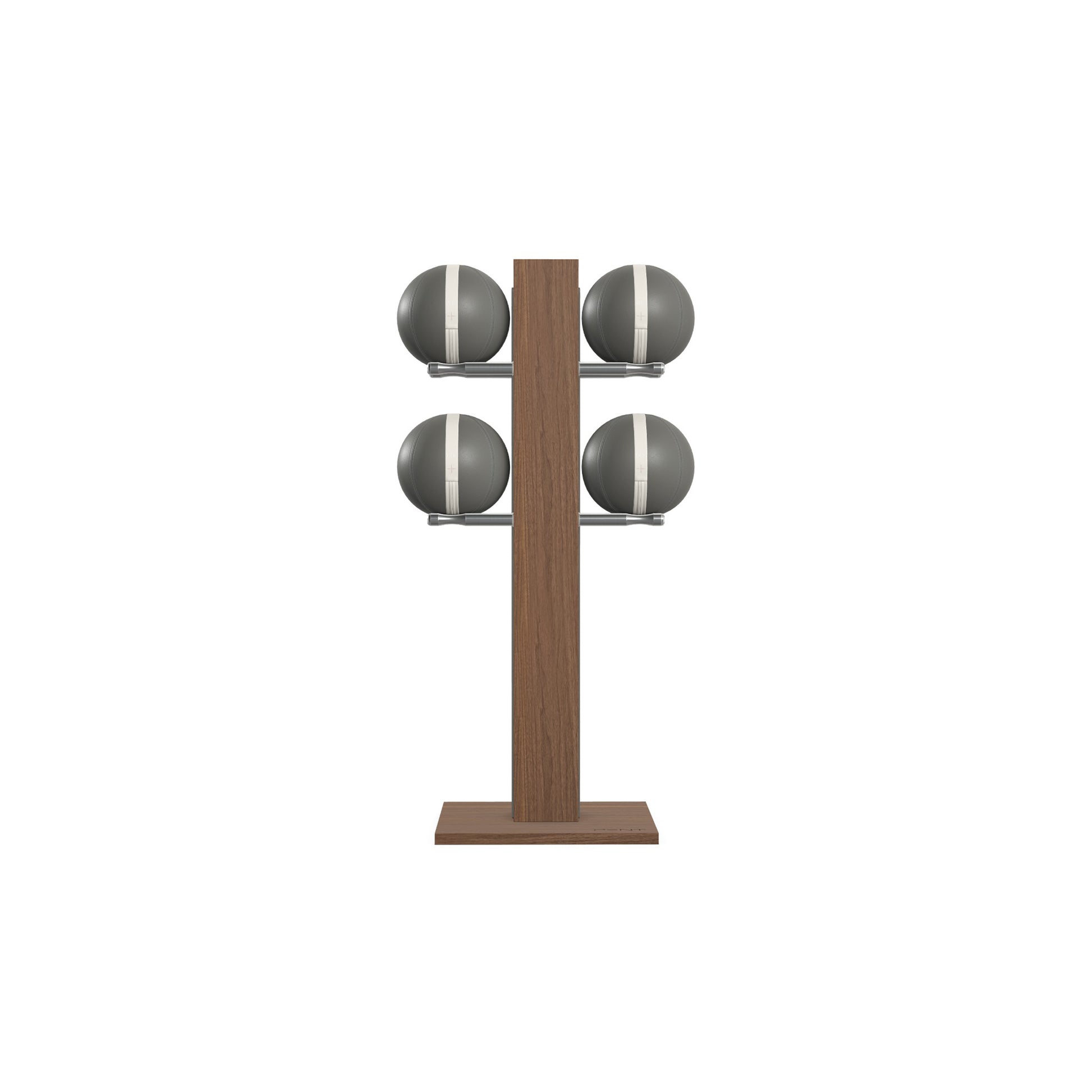 Luxury fitness equipment,  4 leather medicine ball on vertical wooden stand, handcrafted with premium Italian grey leather and natural walnut wood. PENT. MOXA Set