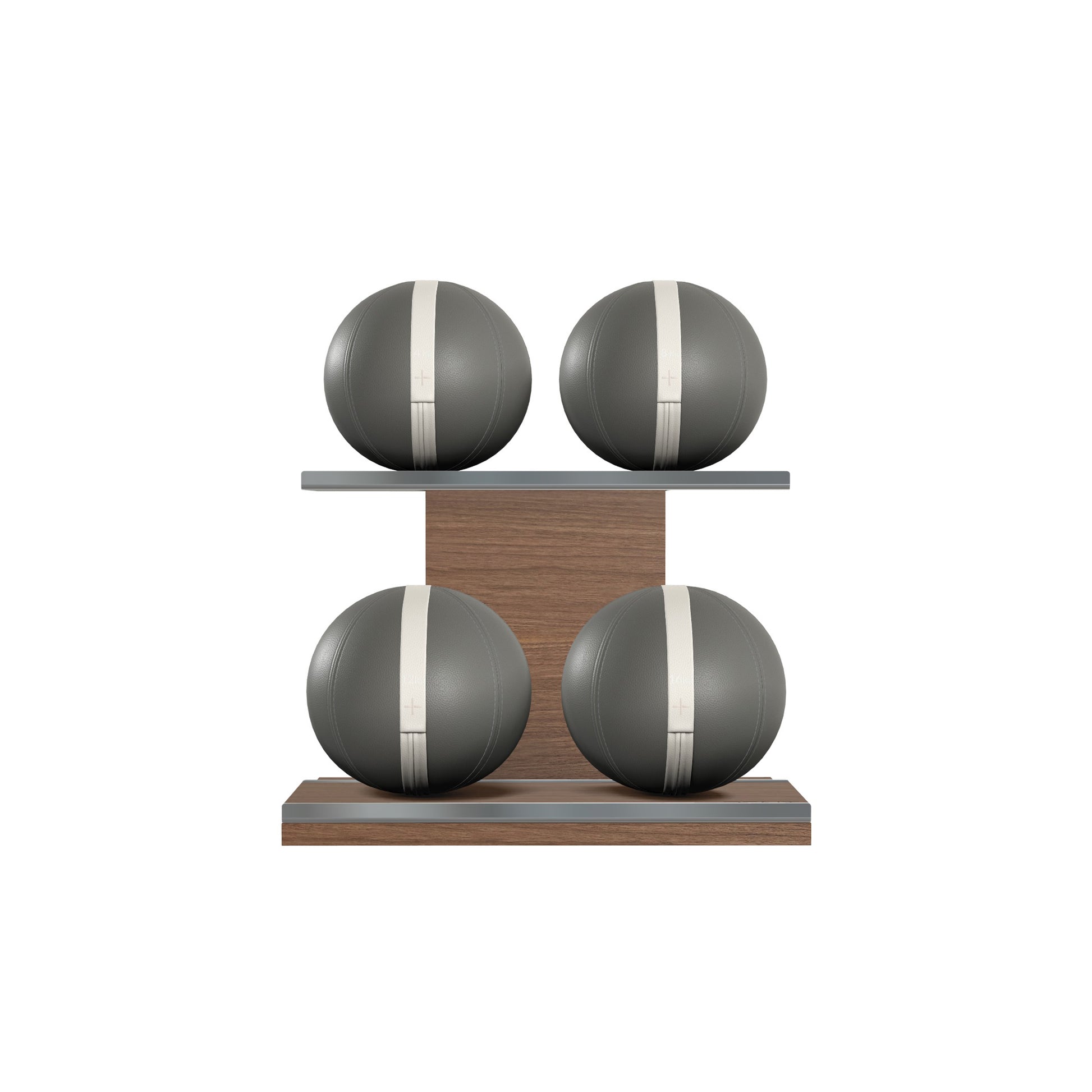 Four grey leather medicine balls with white accent leather, arranged on two shelves made of natural walnut wood. PENT. MOXA Power - Set of 4 Medicine Balls on Horizontal Wooden Stand