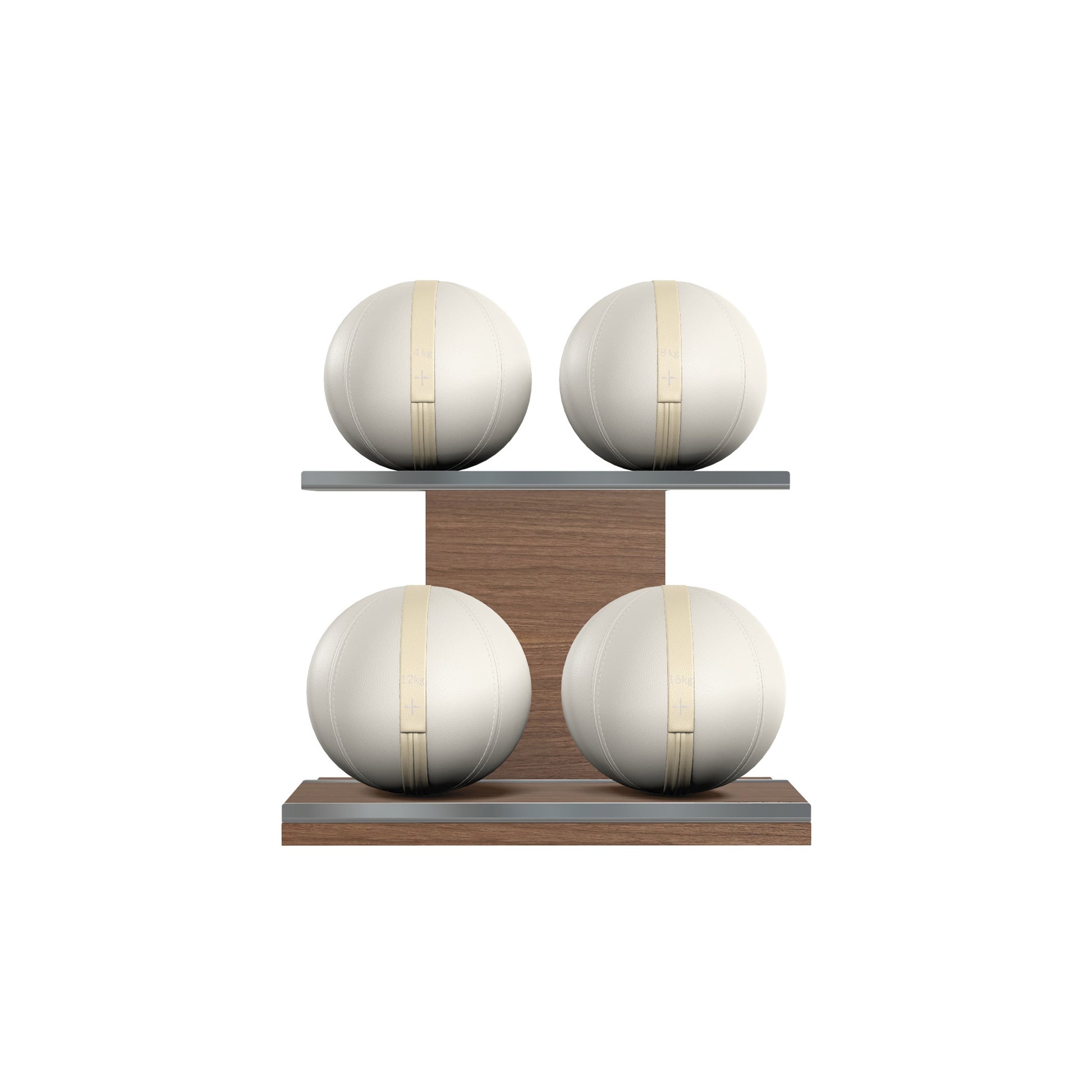 Four white base leather medicine balls with beige accent leather, arranged on two shelves made of natural walnut wood. PENT. MOXA Power - Set of 4 Medicine Balls on Horizontal Wooden Stand