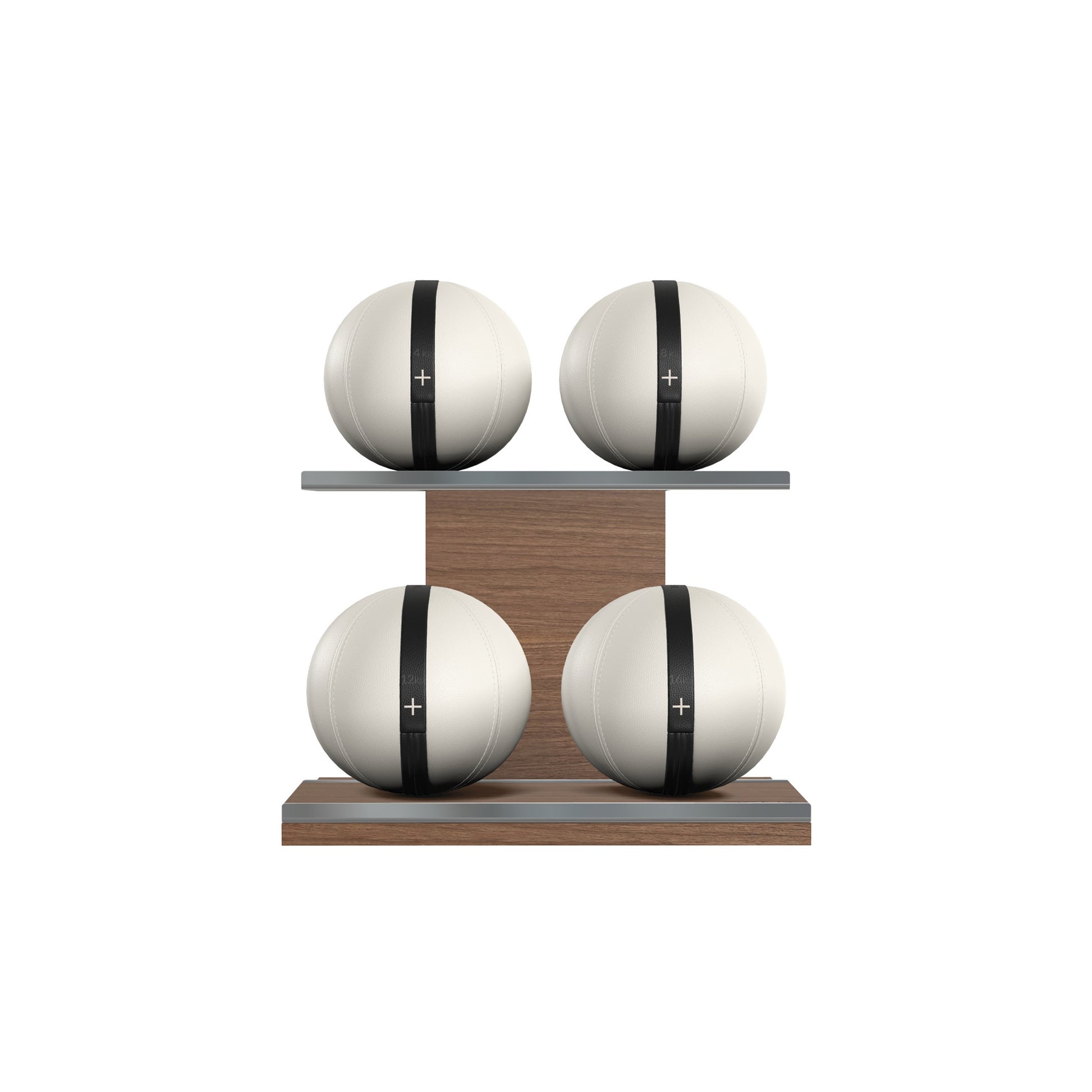 Four white leather medicine balls with black accent leather, arranged on two shelves made of natural walnut wood. PENT. MOXA Power - Set of 4 Medicine Balls on Horizontal Wooden Stand