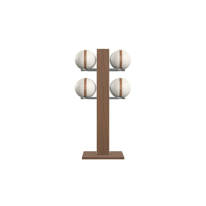 Luxury fitness equipment,  4 leather medicine ball on vertical wooden stand, handcrafted with premium Italian white leather and natural walnut wood. PENT. MOXA Set