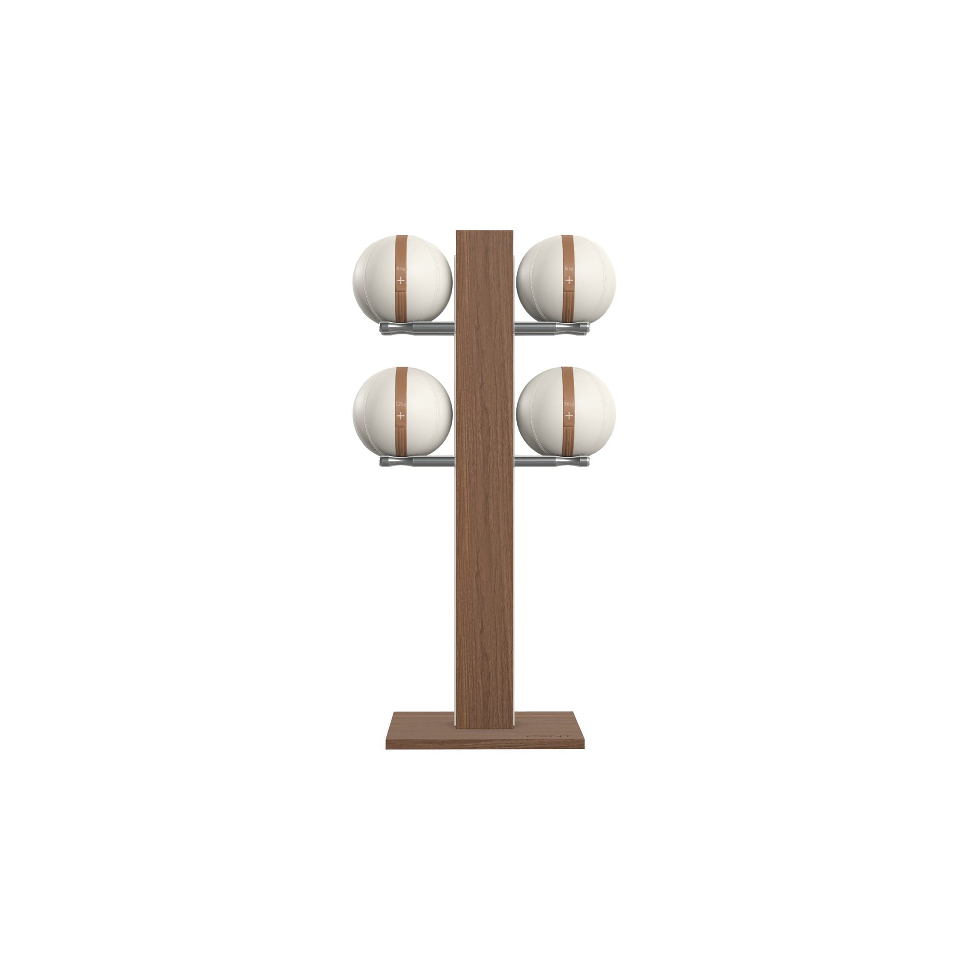 Luxury fitness equipment,  4 leather medicine ball on vertical wooden stand, handcrafted with premium Italian white leather and natural walnut wood. PENT. MOXA Set