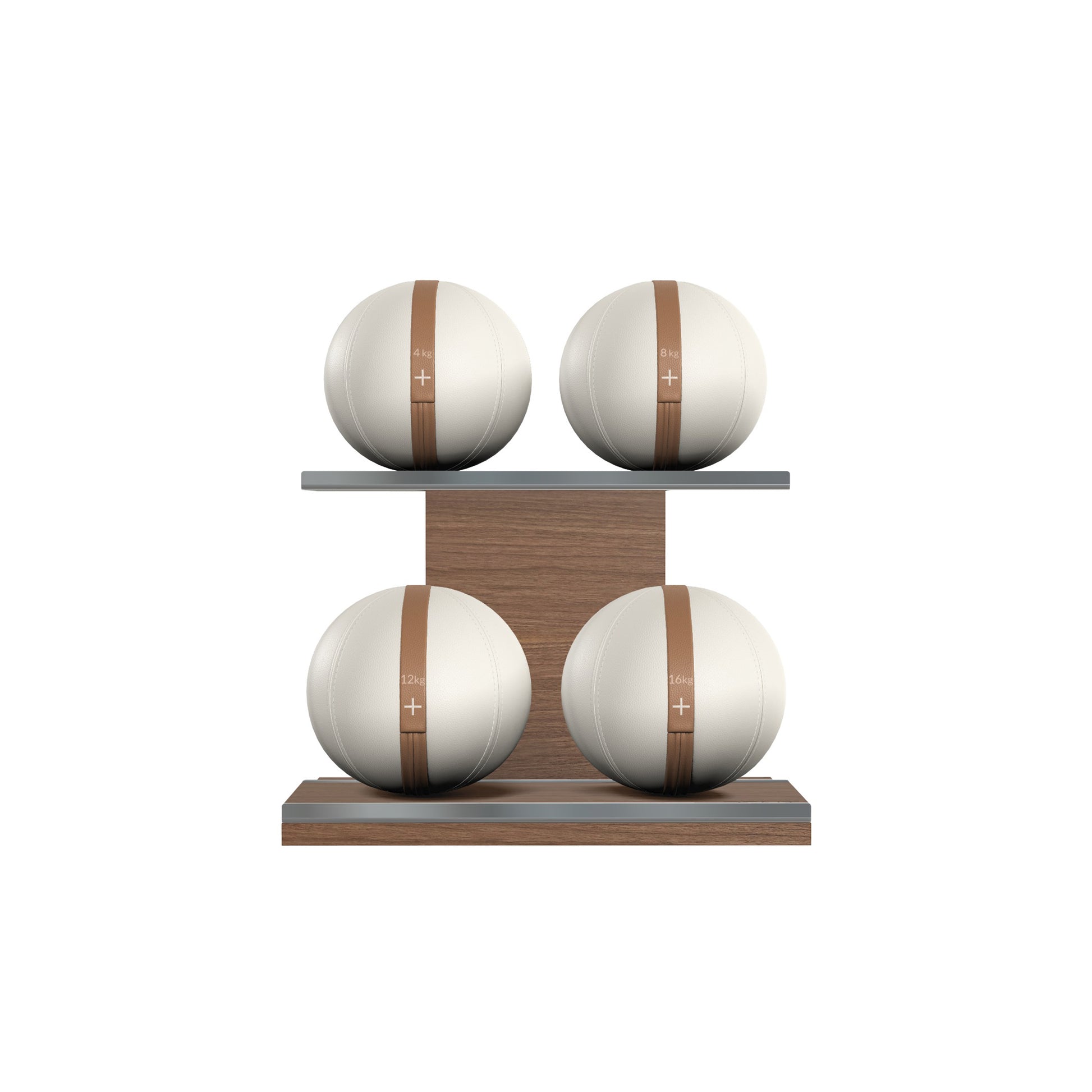 Four white leather medicine balls with brown accent leather, arranged on two shelves made of natural walnut wood. PENT. MOXA Power - Set of 4 Medicine Balls on Horizontal Wooden Stand