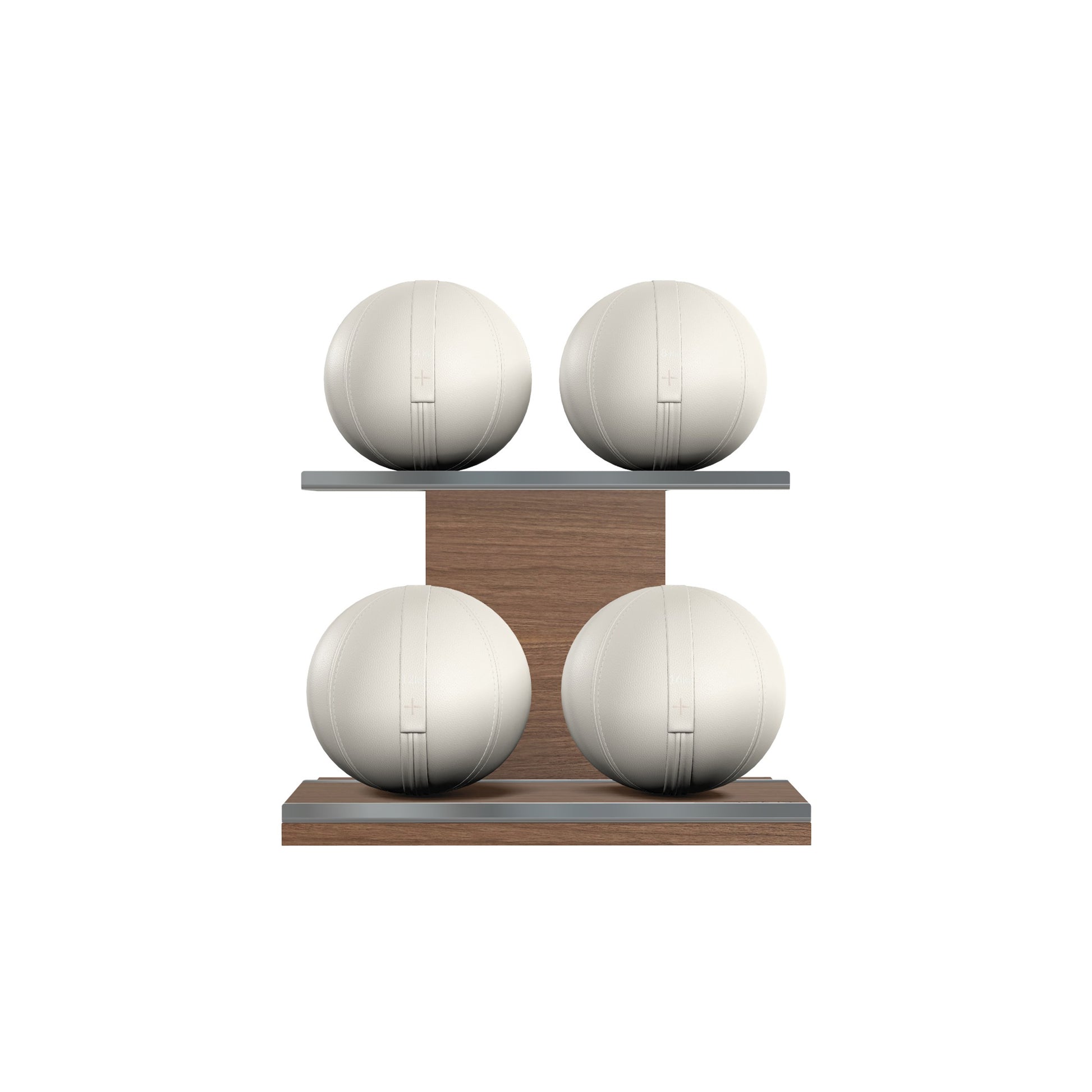 Four white base leather medicine balls with white accent leather, arranged on two shelves made of natural walnut wood. PENT. MOXA Power - Set of 4 Medicine Balls on Horizontal Wooden Stand