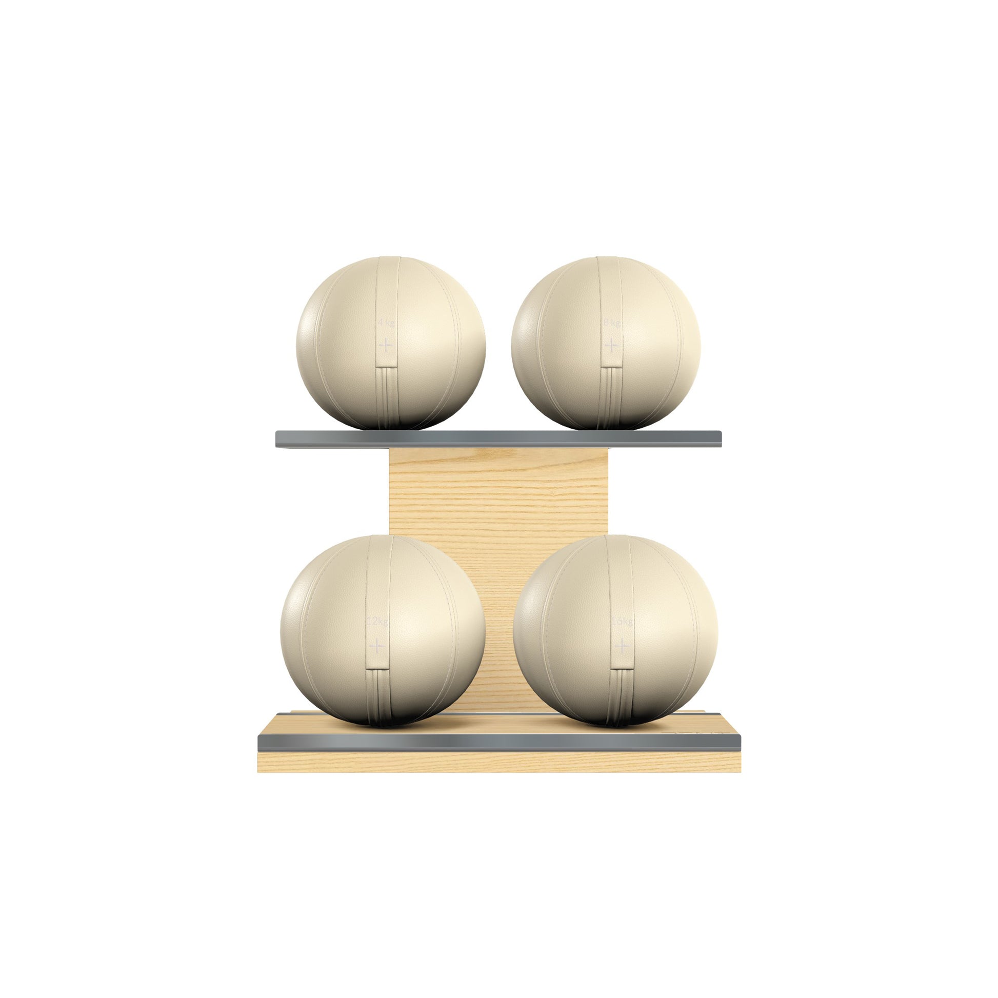 Four beige leather medicine balls with beige accent leather, arranged on two shelves made of natural ash wood. PENT. MOXA Power - Set of 4 Medicine Balls on Horizontal Wooden Stand