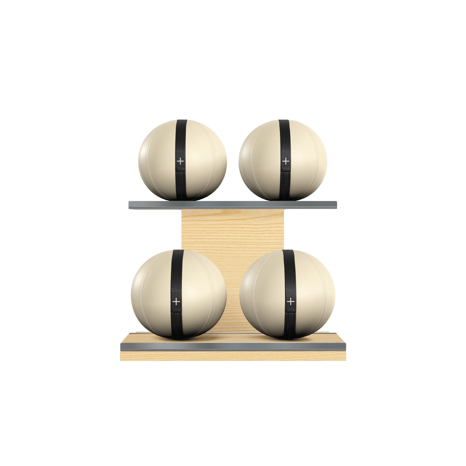 Four beige leather medicine balls with black accent leather, arranged on two shelves made of natural ash wood. PENT. MOXA Power - Set of 4 Medicine Balls on Horizontal Wooden Stand