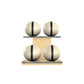 Four beige leather medicine balls with black accent leather, arranged on two shelves made of natural ash wood. PENT. MOXA Power - Set of 4 Medicine Balls on Horizontal Wooden Stand