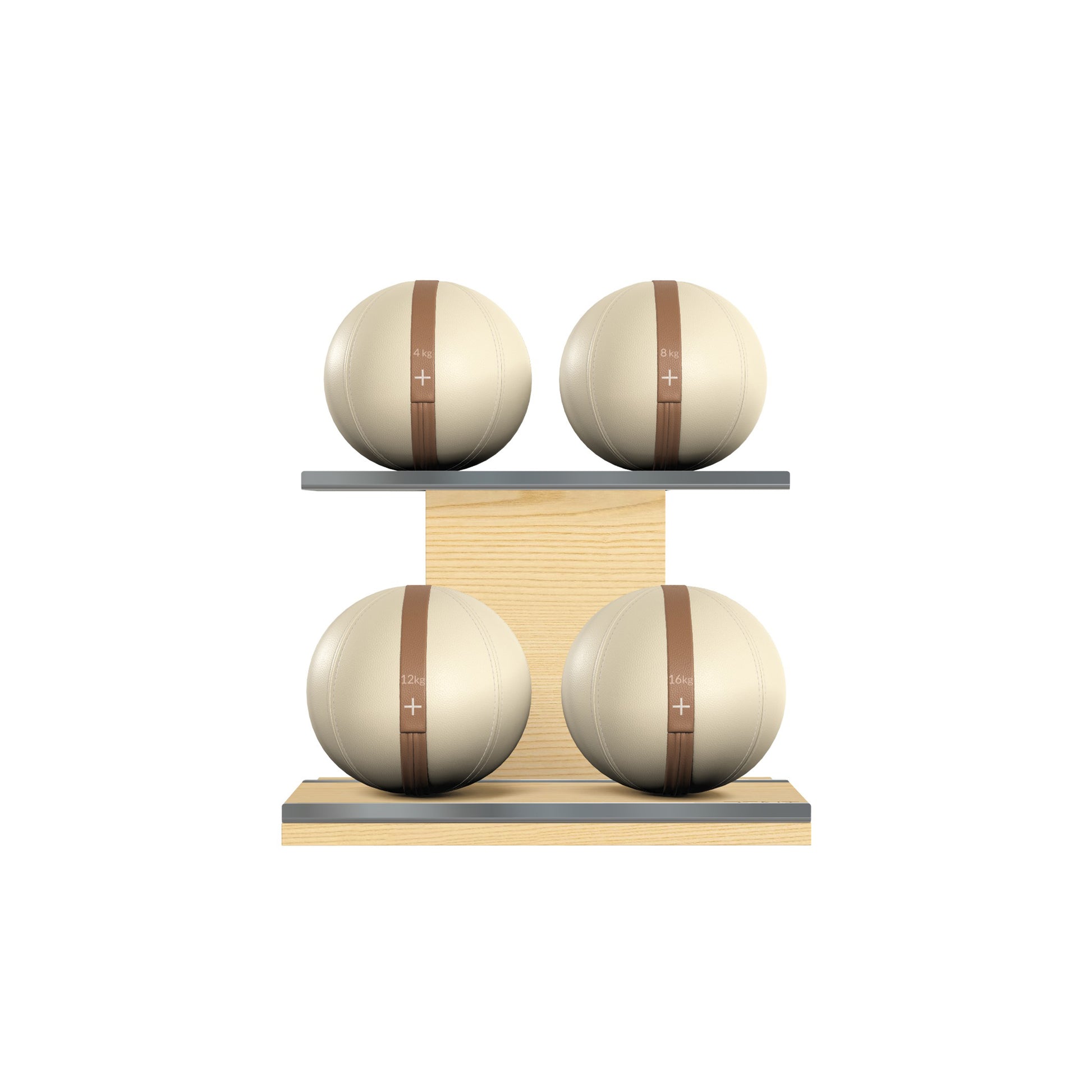 Four beige leather medicine balls with brown accent leather, arranged on two shelves made of natural ash wood. PENT. MOXA Power - Set of 4 Medicine Balls on Horizontal Wooden Stand
