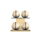 Four beige leather medicine balls with brown accent leather, arranged on two shelves made of natural ash wood. PENT. MOXA Power - Set of 4 Medicine Balls on Horizontal Wooden Stand