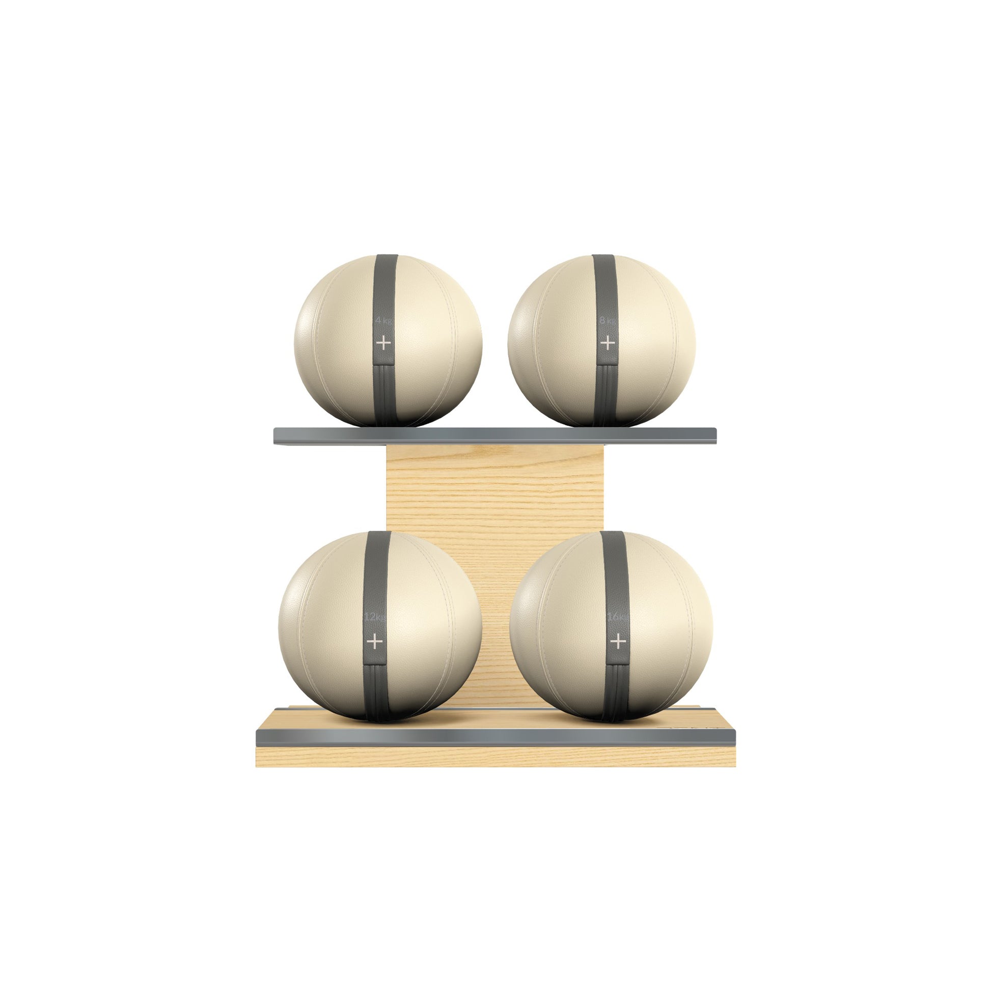 Four beige leather medicine balls with grey accent leather, arranged on two shelves made of natural ash wood. PENT. MOXA Power - Set of 4 Medicine Balls on Horizontal Wooden Stand