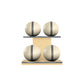 Four beige leather medicine balls with grey accent leather, arranged on two shelves made of natural ash wood. PENT. MOXA Power - Set of 4 Medicine Balls on Horizontal Wooden Stand
