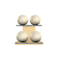 Four beige leather medicine balls with white accent leather, arranged on two shelves made of natural ash wood. PENT. MOXA Power - Set of 4 Medicine Balls on Horizontal Wooden Stand