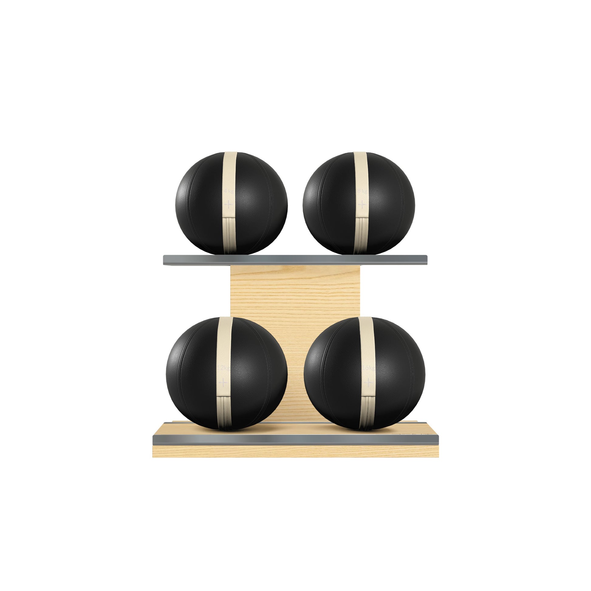 Four black leather medicine balls with beige accent leather, arranged on two shelves made of natural ash wood. PENT. MOXA Power - Set of 4 Medicine Balls on Horizontal Wooden Stand