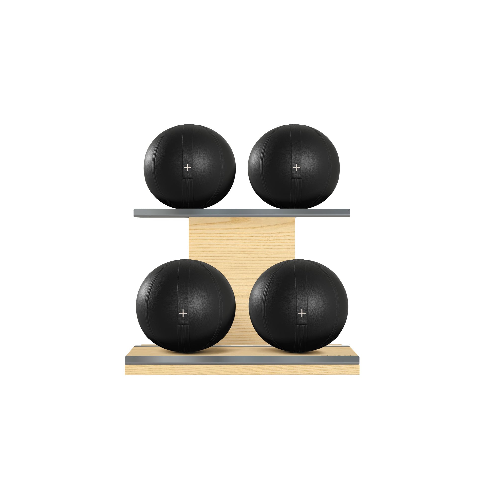 Four black leather medicine balls with black accent leather, arranged on two shelves made of natural ash wood. PENT. MOXA Power - Set of 4 Medicine Balls on Horizontal Wooden Stand
